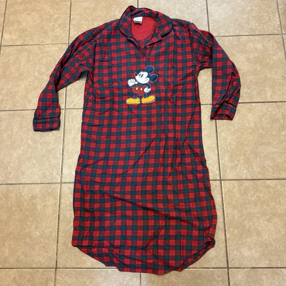 Vintage Disney Store‎ Small Green Red Plaid Mickey Mouse Flannel Nightgown VTG